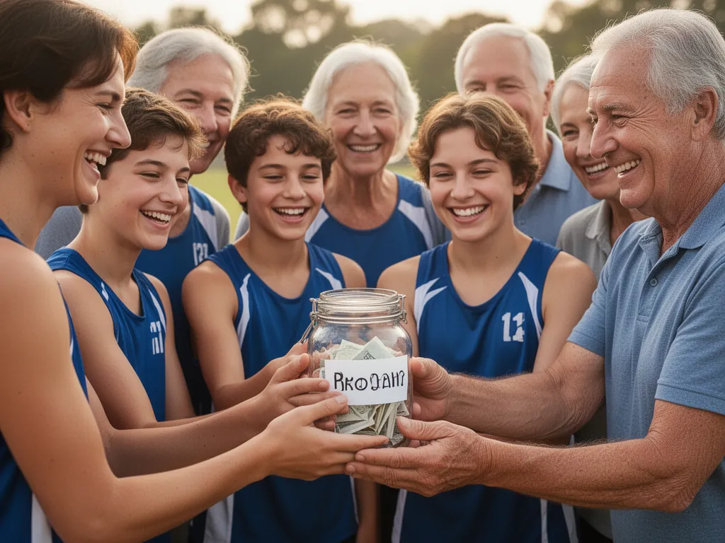 Young athletes and parents celebrating together while holding fundraiser donation collection container