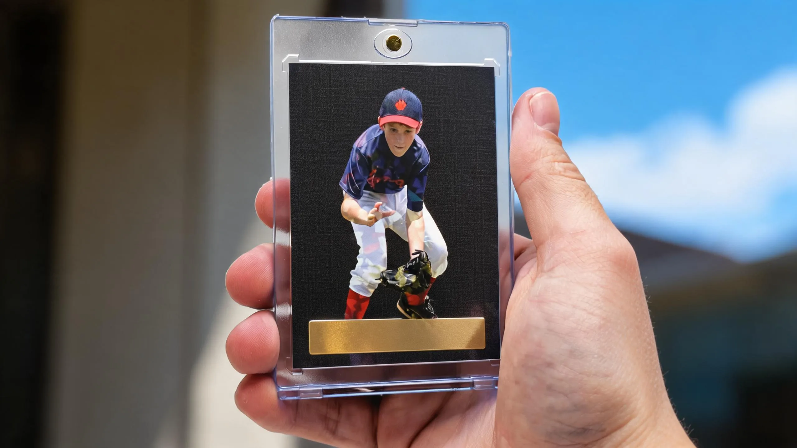 Hand holds magnetic case with premium athlete card, illustrating fundraising apps for sports teams.