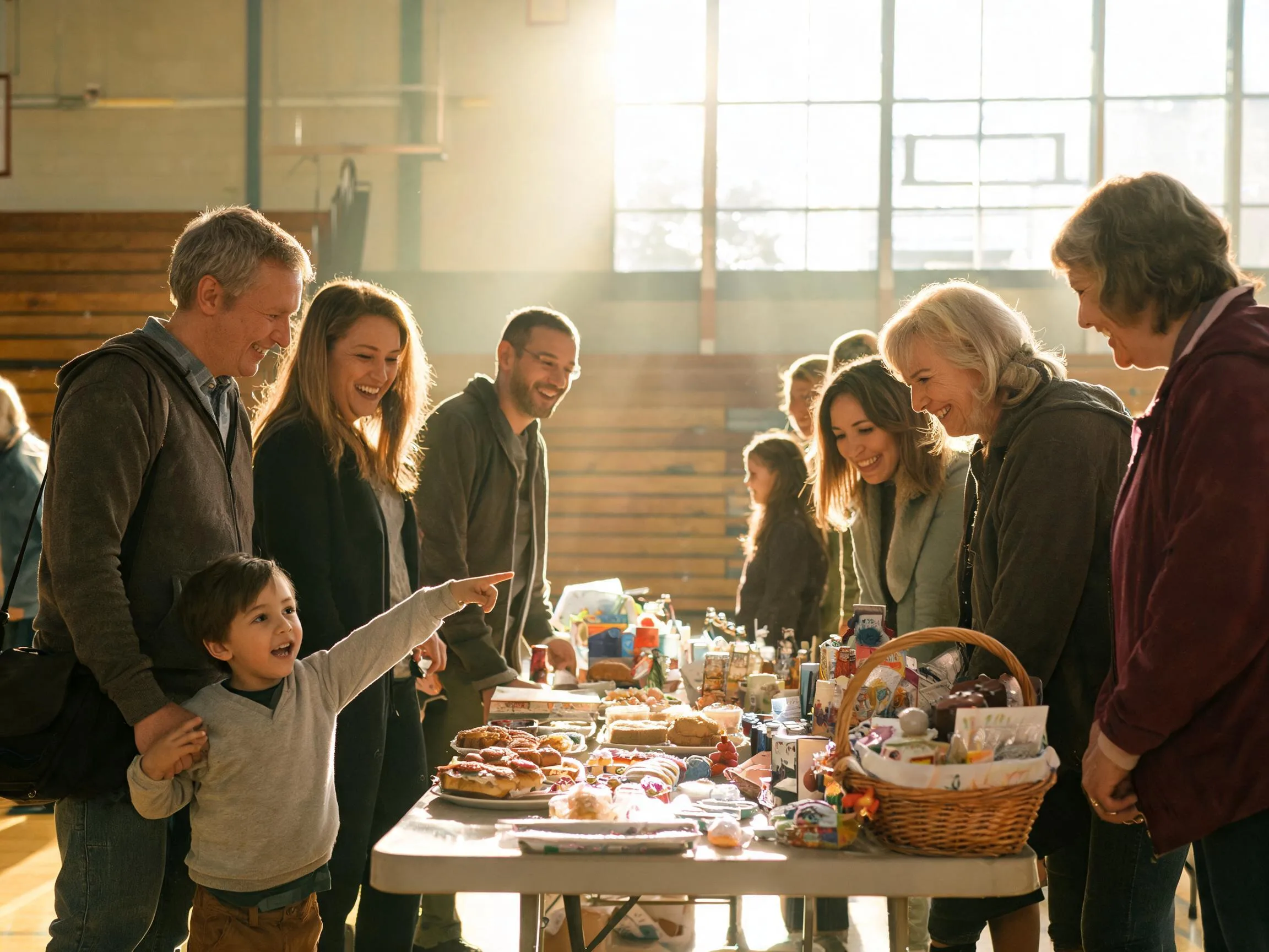 Families smiling together at a warm school fundraiser community table event.
