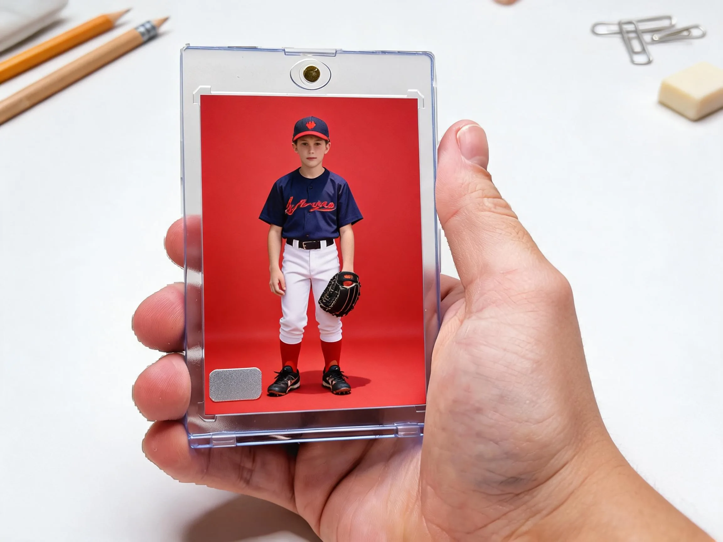 Custom keepsake trading card in magnetic case, standing on white tabletop display.