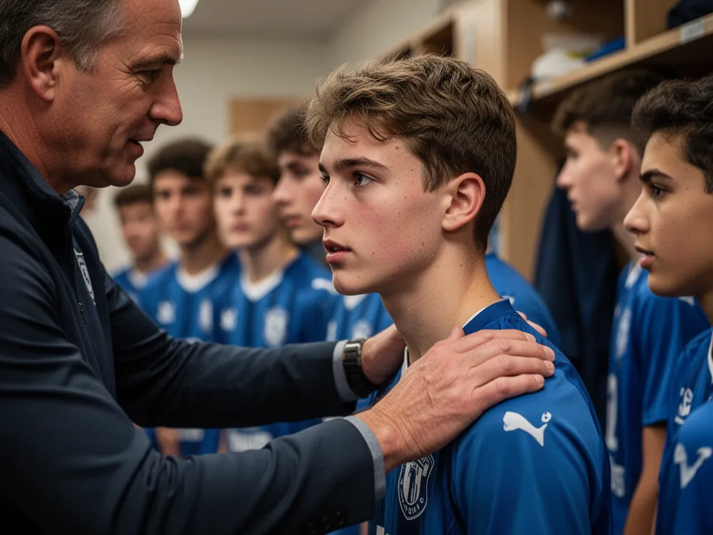 Coach mentoring young athlete with supportive hand on shoulder in emotional team moment