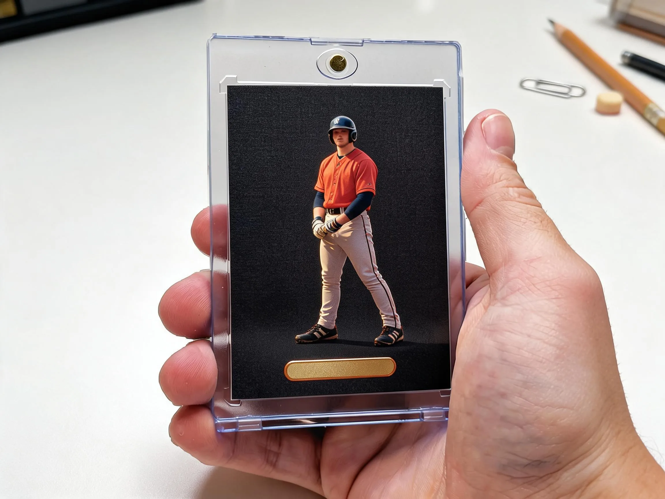 Custom keepsake trading card in a magnetic case, resting on a white tabletop display.
