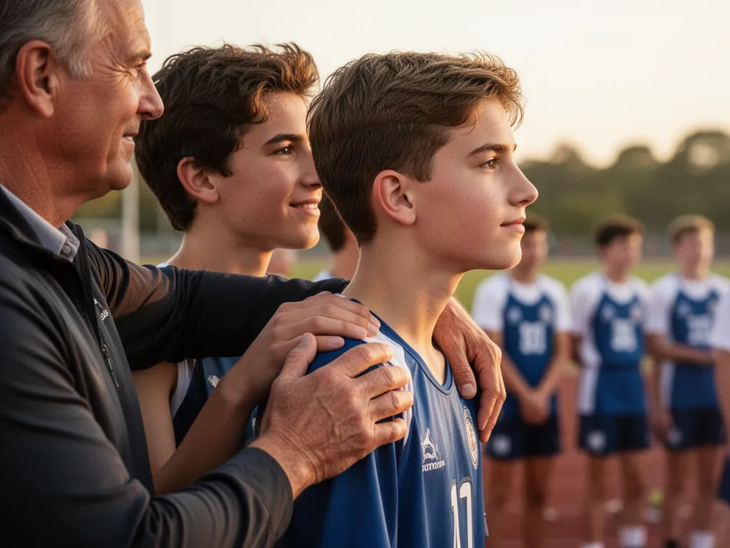 Coach placing supportive arm around young athlete's shoulder showing pride and mentorship.