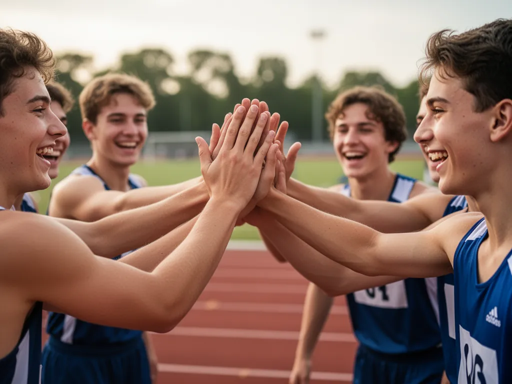 Young athletes celebrating with high-fives showing joy and team camaraderie after competition.
