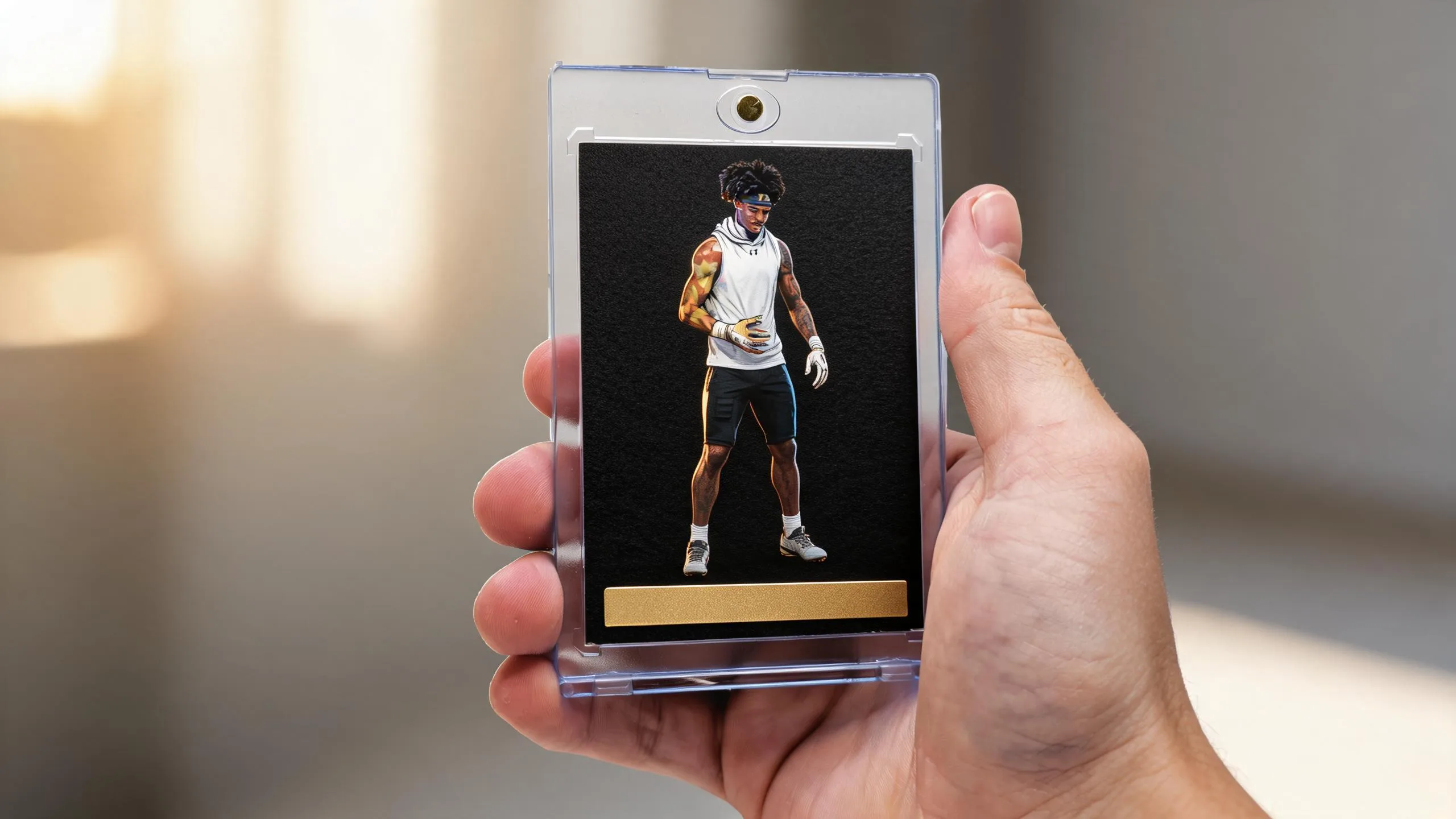 Hand holding a magnetic case with a fundraising ideas for sports club keepsake trading card, warm lighting.