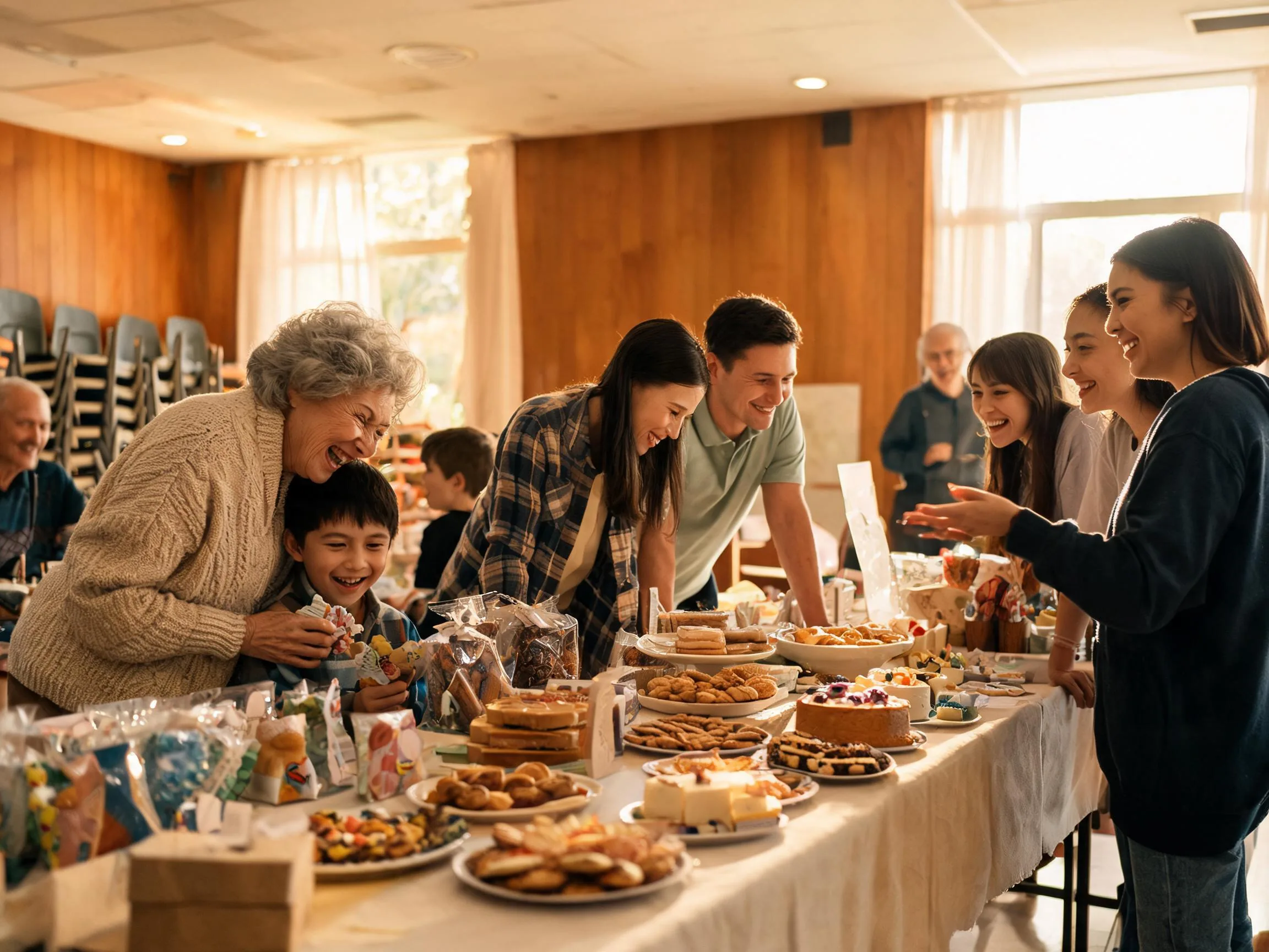 Parents and children sharing a warm moment browsing tables at a school fundraiser event.