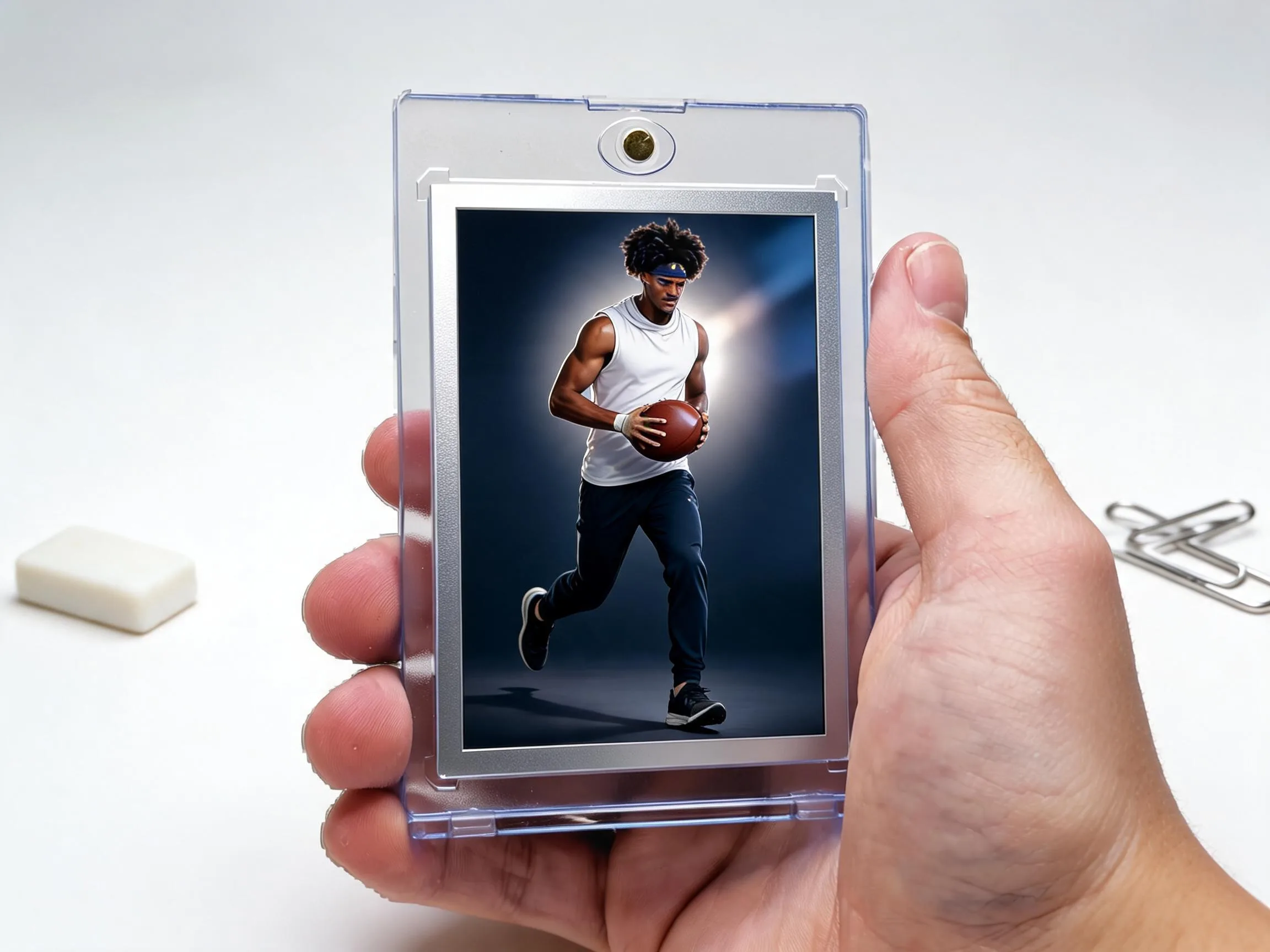 Custom keepsake trading card in a clear magnetic case displayed on a white tabletop.