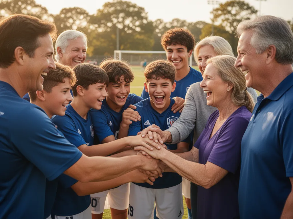 Youth sports team members and parents celebrating together in an outdoor moment of connection