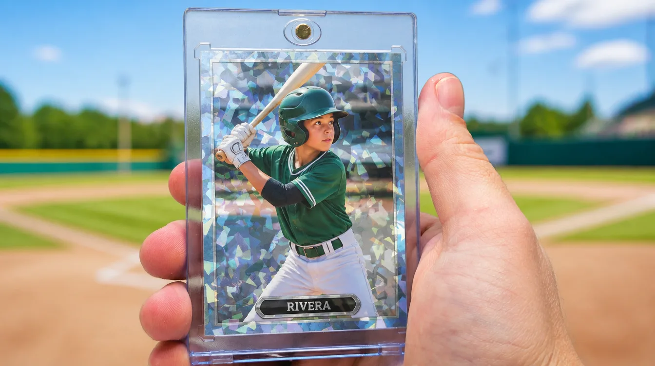 Custom youth baseball trading card displayed in a one-touch magnetic case