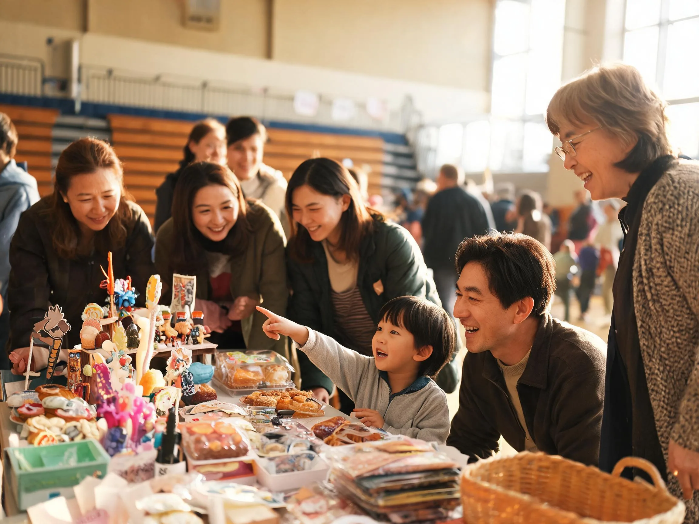 Families gather warmly at a school fundraising table during a community event.