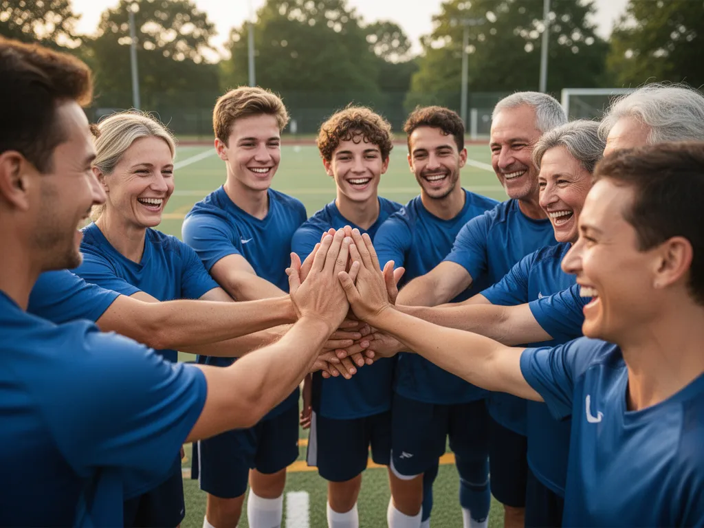 Young athletes and parents celebrating together in circle after sports practice