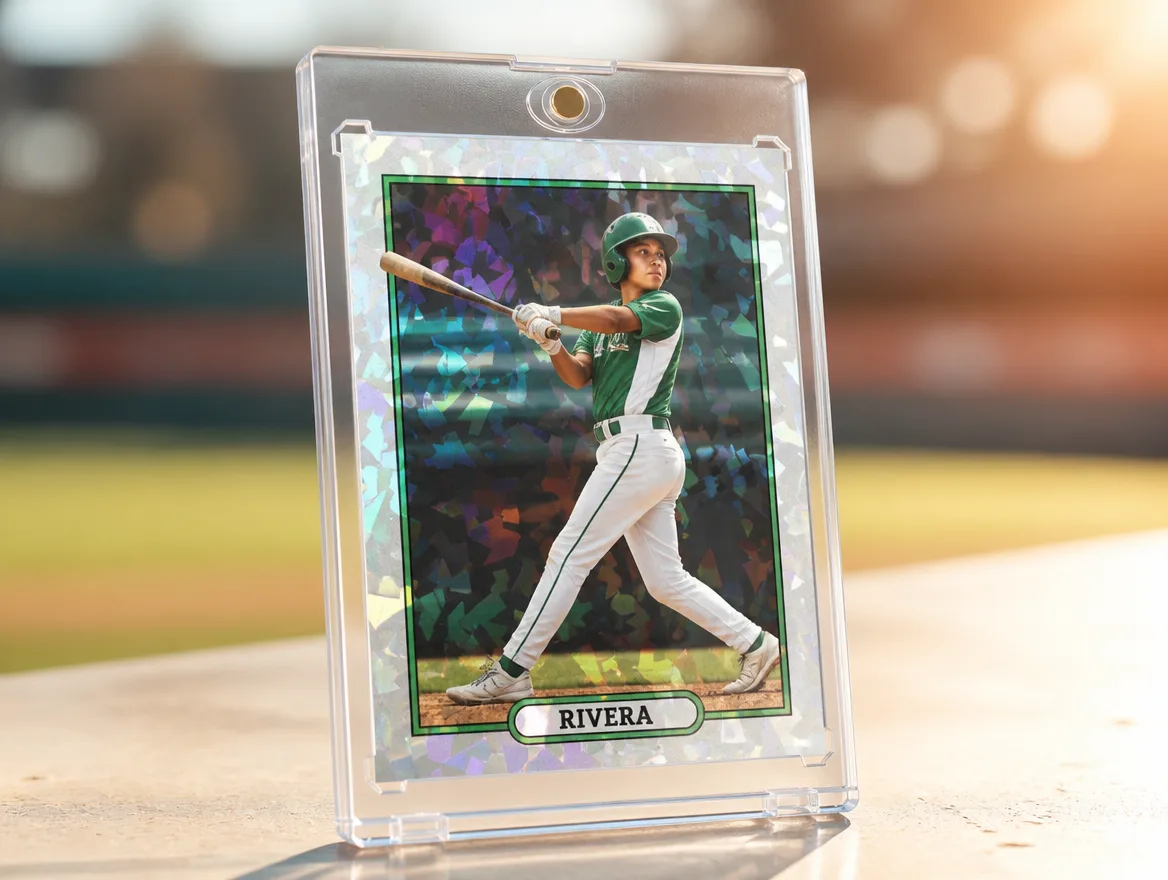 Custom youth baseball card standing in a premium magnetic case