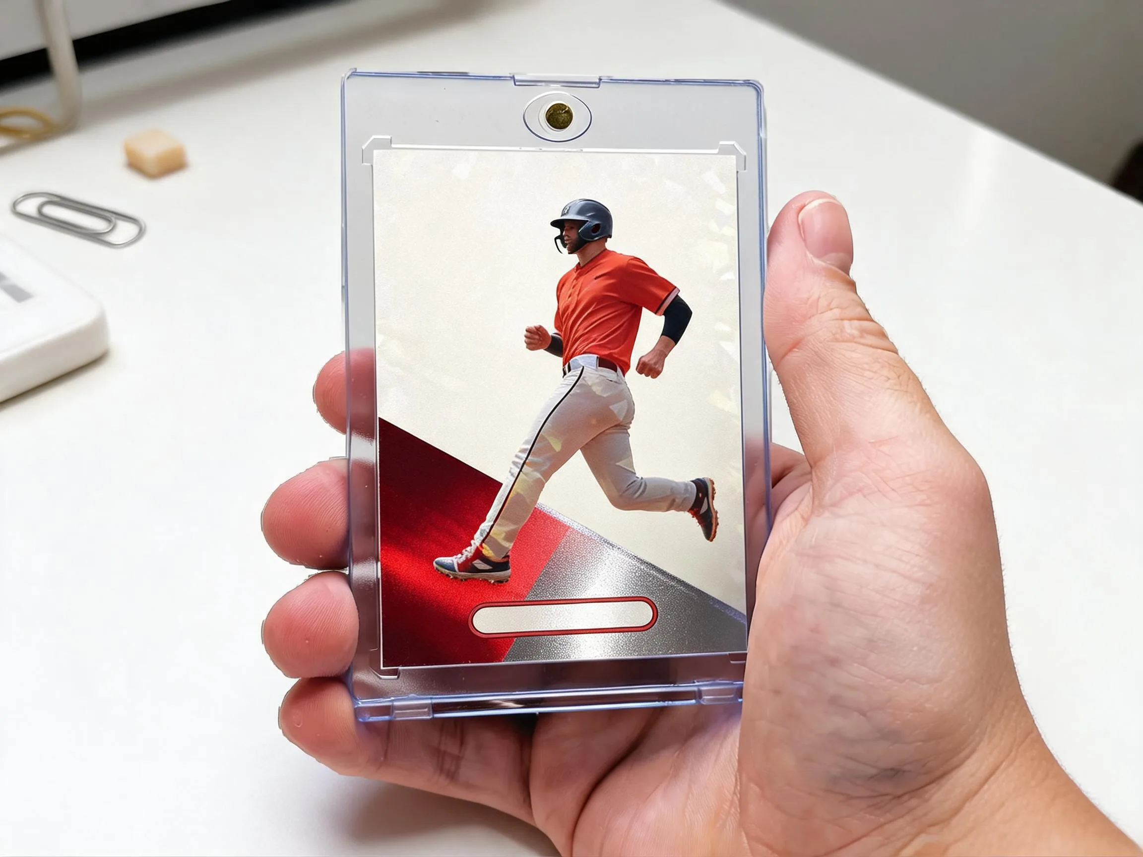 Custom keepsake trading card displayed upright in a clear magnetic protective case.