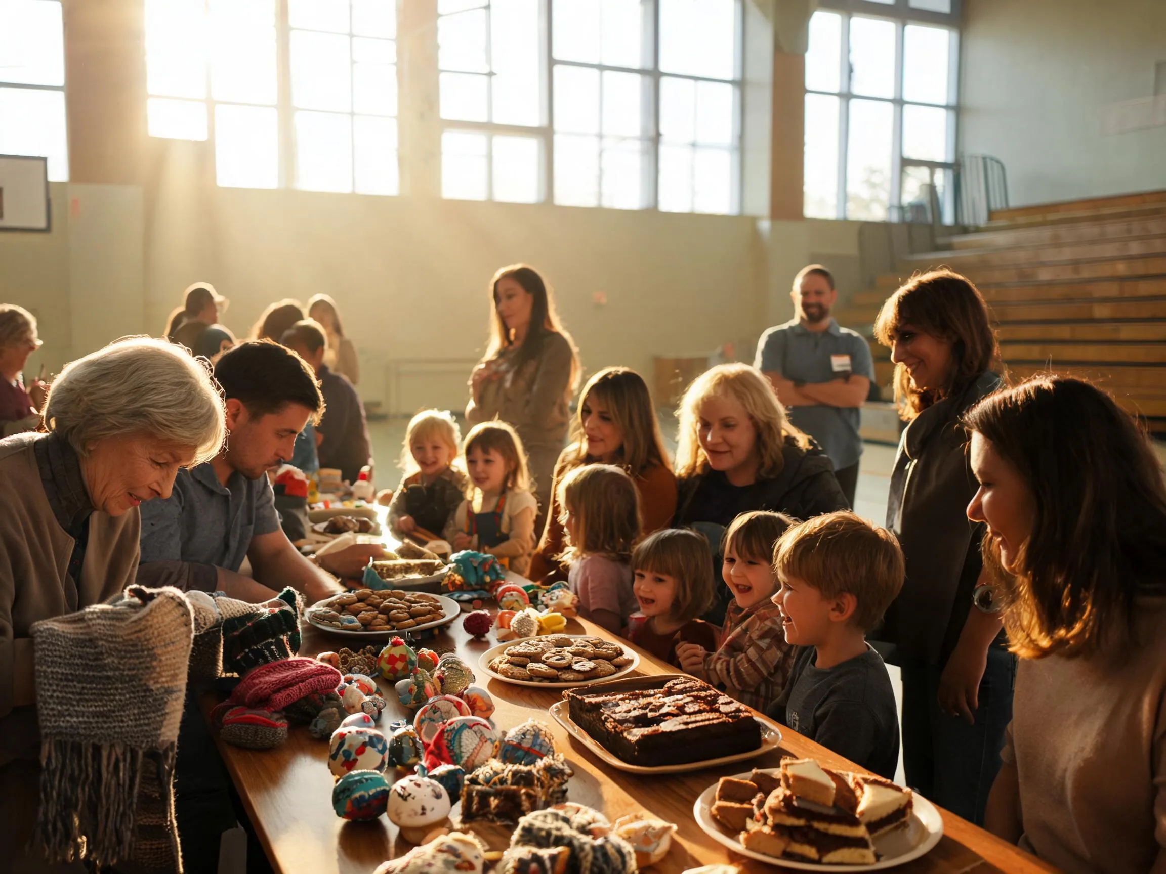 Families gathering warmly at a school fundraiser event, browsing tables together indoors