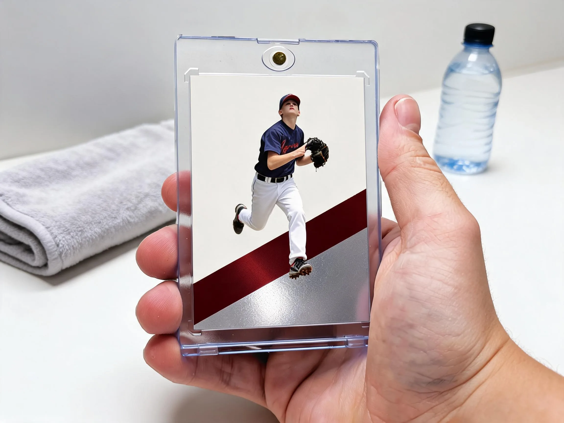 Custom keepsake trading card displayed upright in a clear magnetic protective case