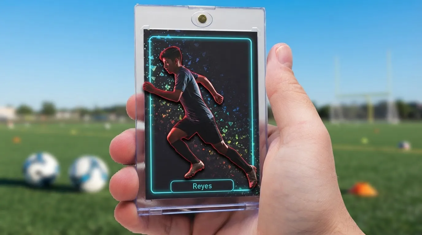 Hand holding magnetic case with fundraising ideas for youth sports trading card, neon-rimmed athlete design.