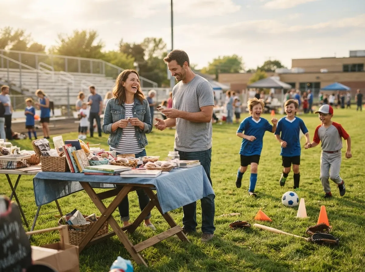 Parents and kids smiling at an outdoor youth sports fundraiser near an athletic field.