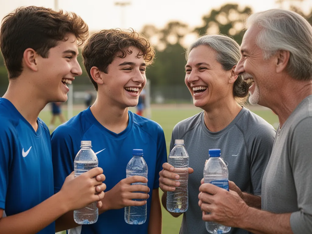 Young athletes and parents smiling together, showing community and support after youth sports practice