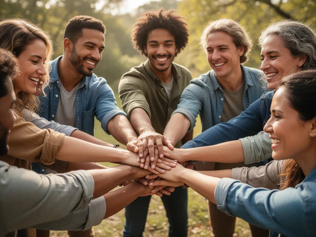 Team members standing in a circle with hands joined together showing unity and team spirit