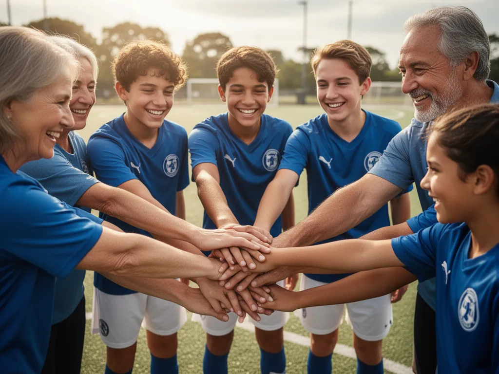 Team members and parents joining hands together in a circle, showing unity and emotional connection within the sports community.