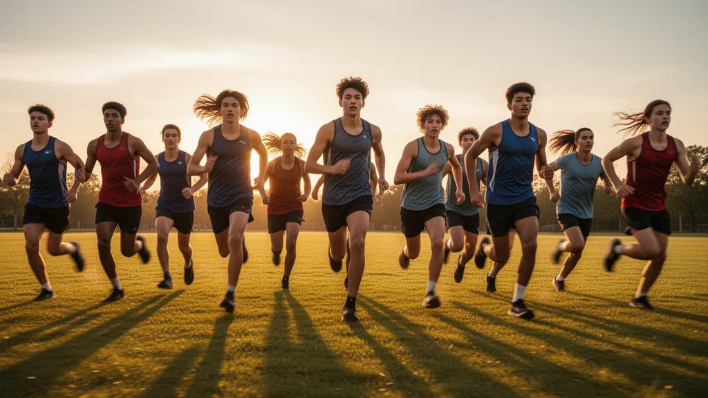 Group of young athletes running together outdoors in golden sunlight with focused expressions and dynamic motion