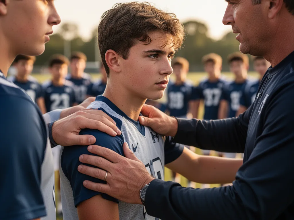 Coach placing supportive hand on young athlete's shoulder during outdoor team practice session