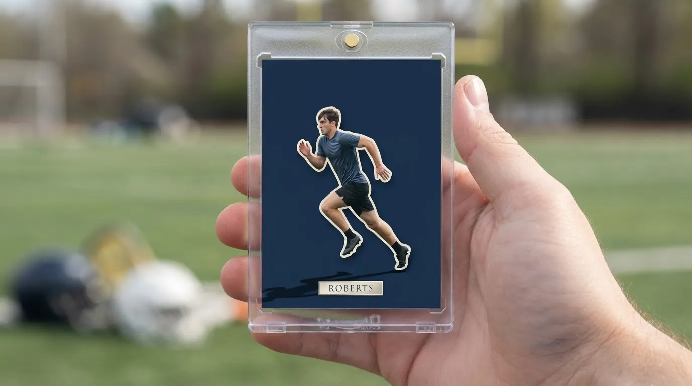 Hand holds magnetic case with navy funeral cards tribute card featuring a running athlete silhouette.