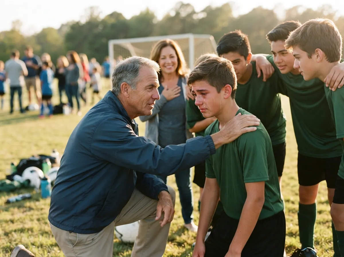Coach comforts young athlete on field as teammates and parent share proud emotional moment.