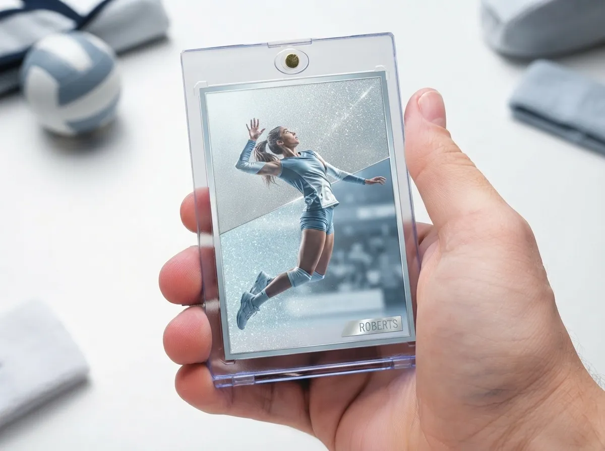 Custom sports trading card in magnetic case shows icy blue refractor athlete leaping mid-air.