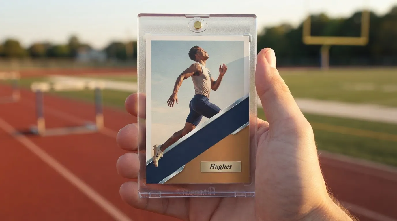 Hand holding magnetic case with funeral thank you cards featuring a runner in golden-hour light.