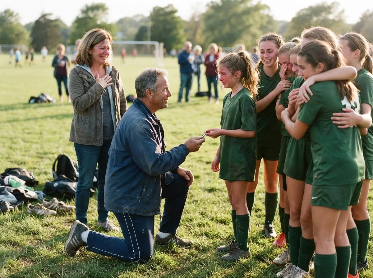 Coach comforting young athlete on field as teammates and parent share emotional moment.