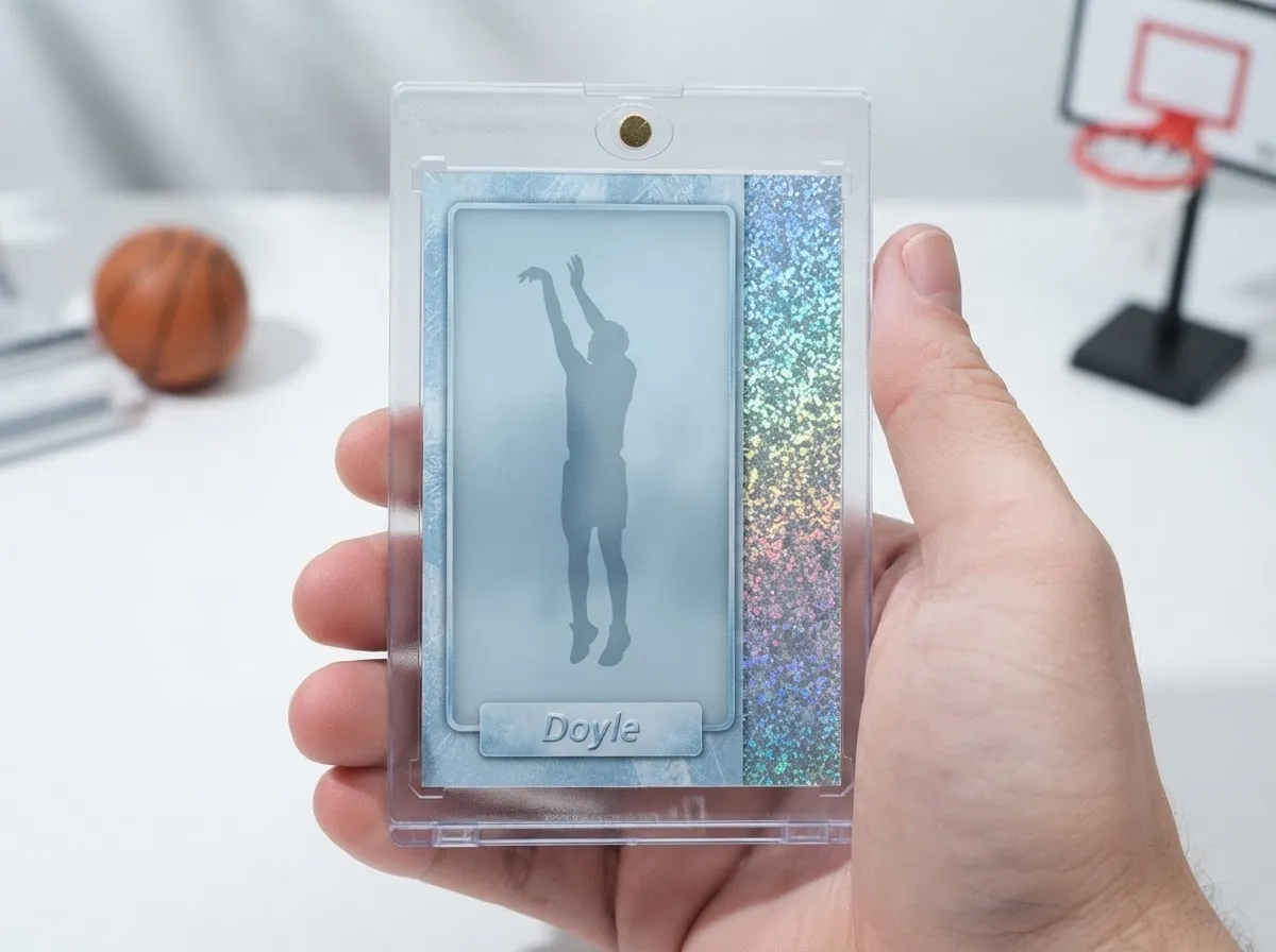 Custom sports trading card in magnetic case showing a silver-blue refractor basketball design.