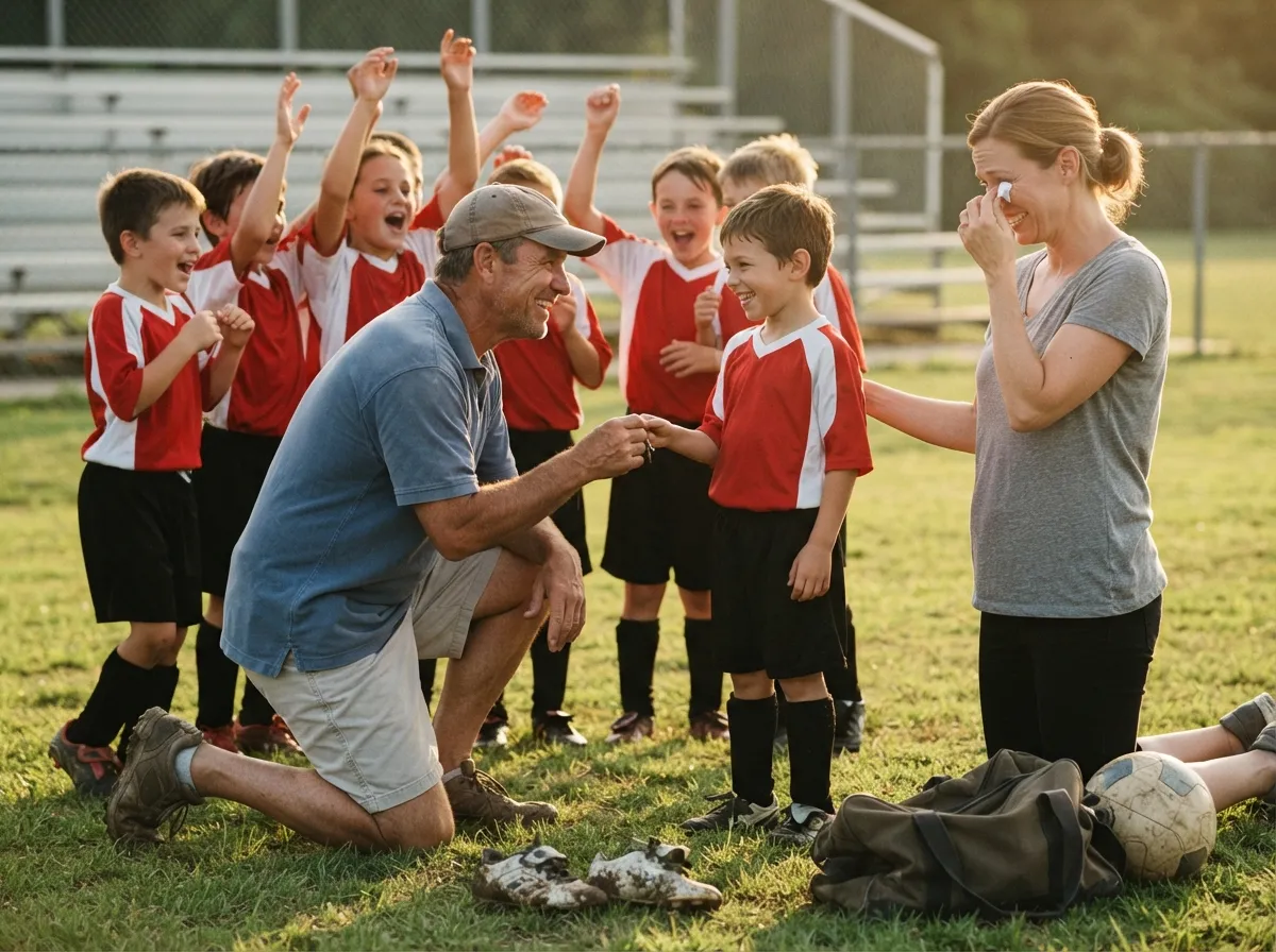 Coach and cheering teammates celebrate with young athlete on sunlit sports field