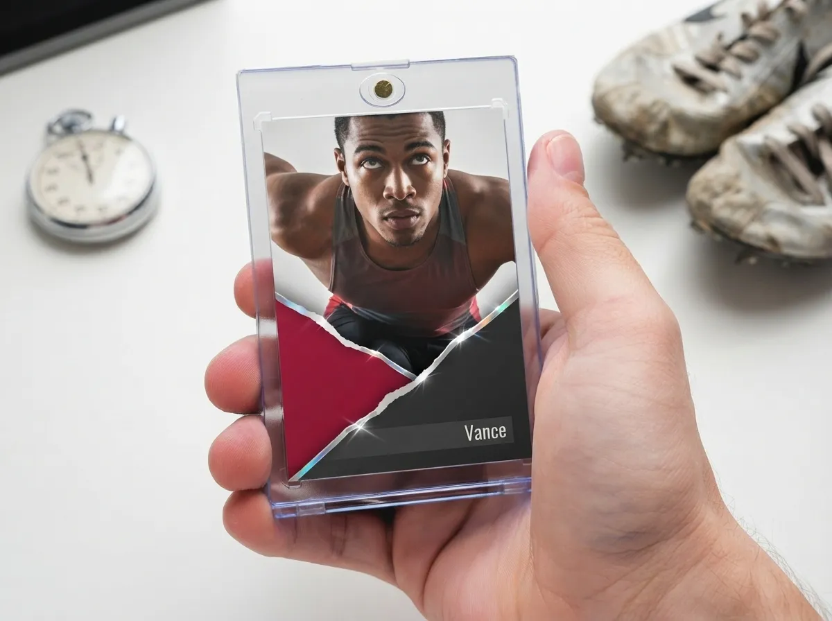 Custom sports trading card in magnetic case with crimson diagonal chrome frame design