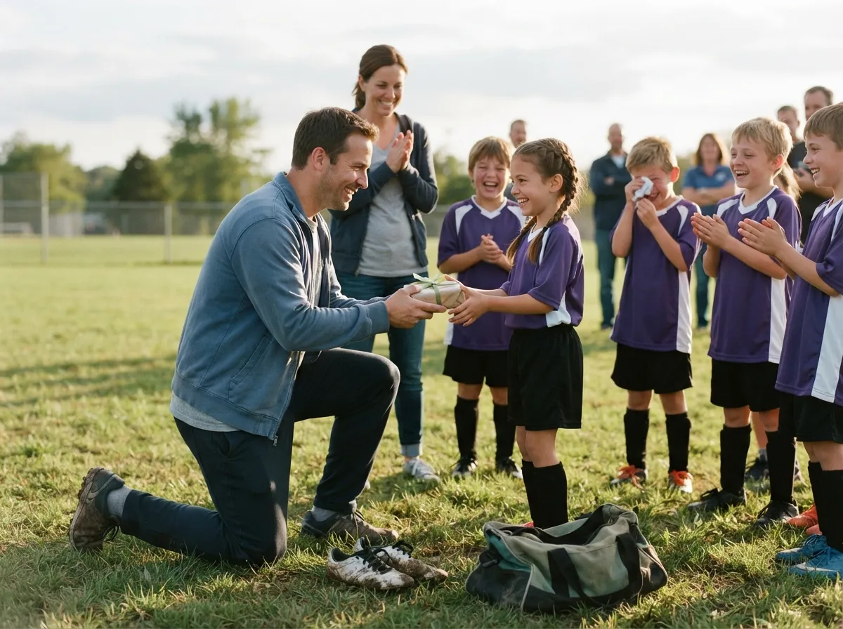 Coach and teammates celebrate with young athlete on sunny field, proud emotional moment.