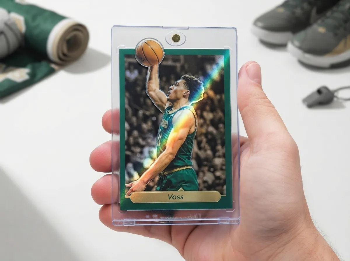 Custom sports trading card in magnetic case showing chrome basketball player design, close-up.