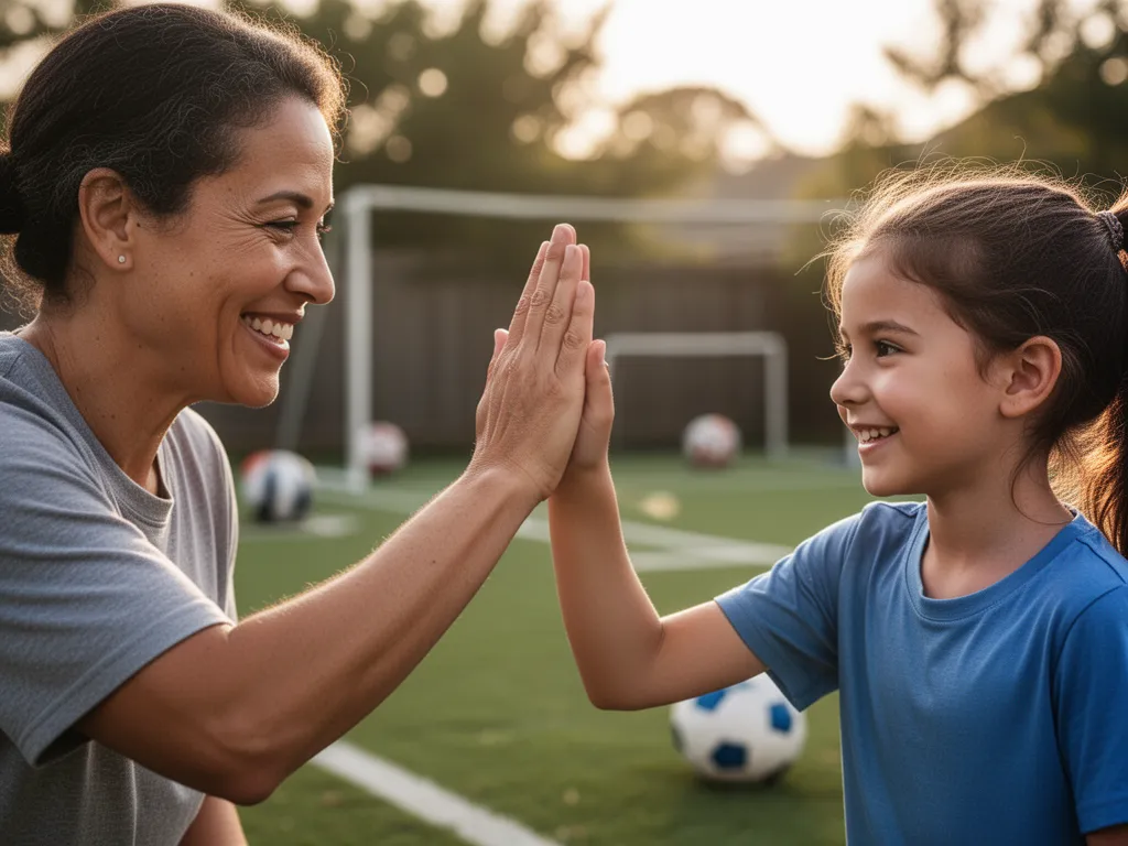 Parent and child sharing a celebratory high-five after a fun backyard sports activity, beaming with pride and happiness.