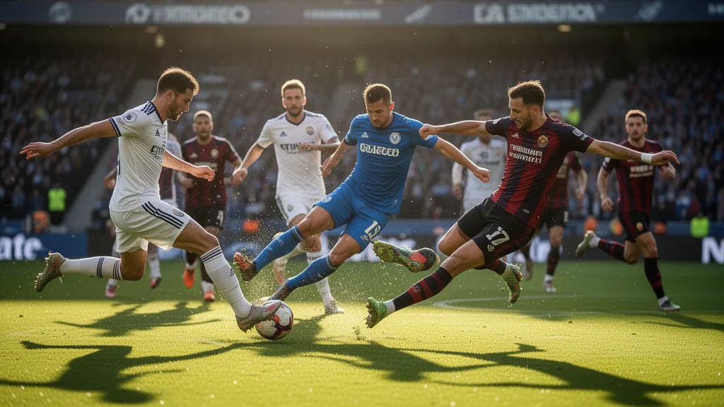 Soccer players in dynamic motion during competitive match on grass field with natural lighting