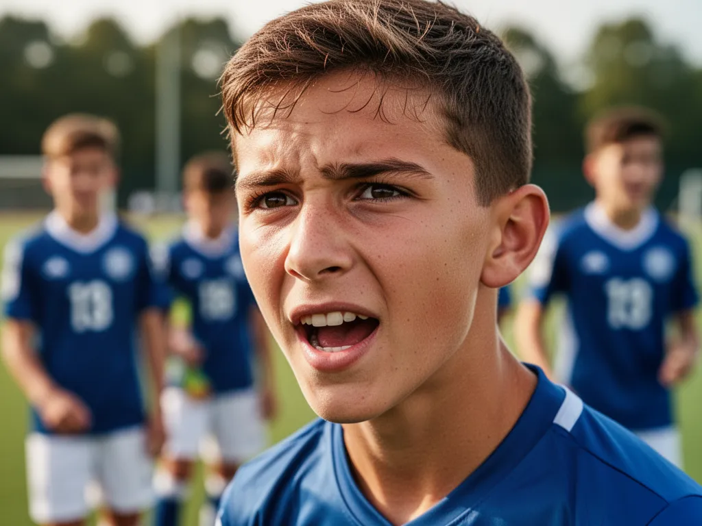Young soccer athlete's concentrated expression during match with teammates celebrating nearby