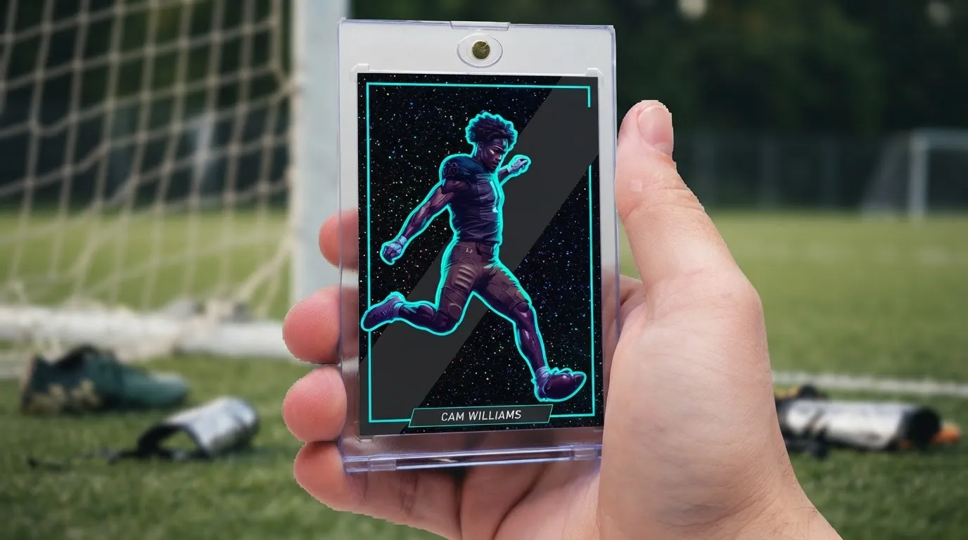 Hand holding magnetic case with dramatic dark fut card maker soccer card, neon rim light.