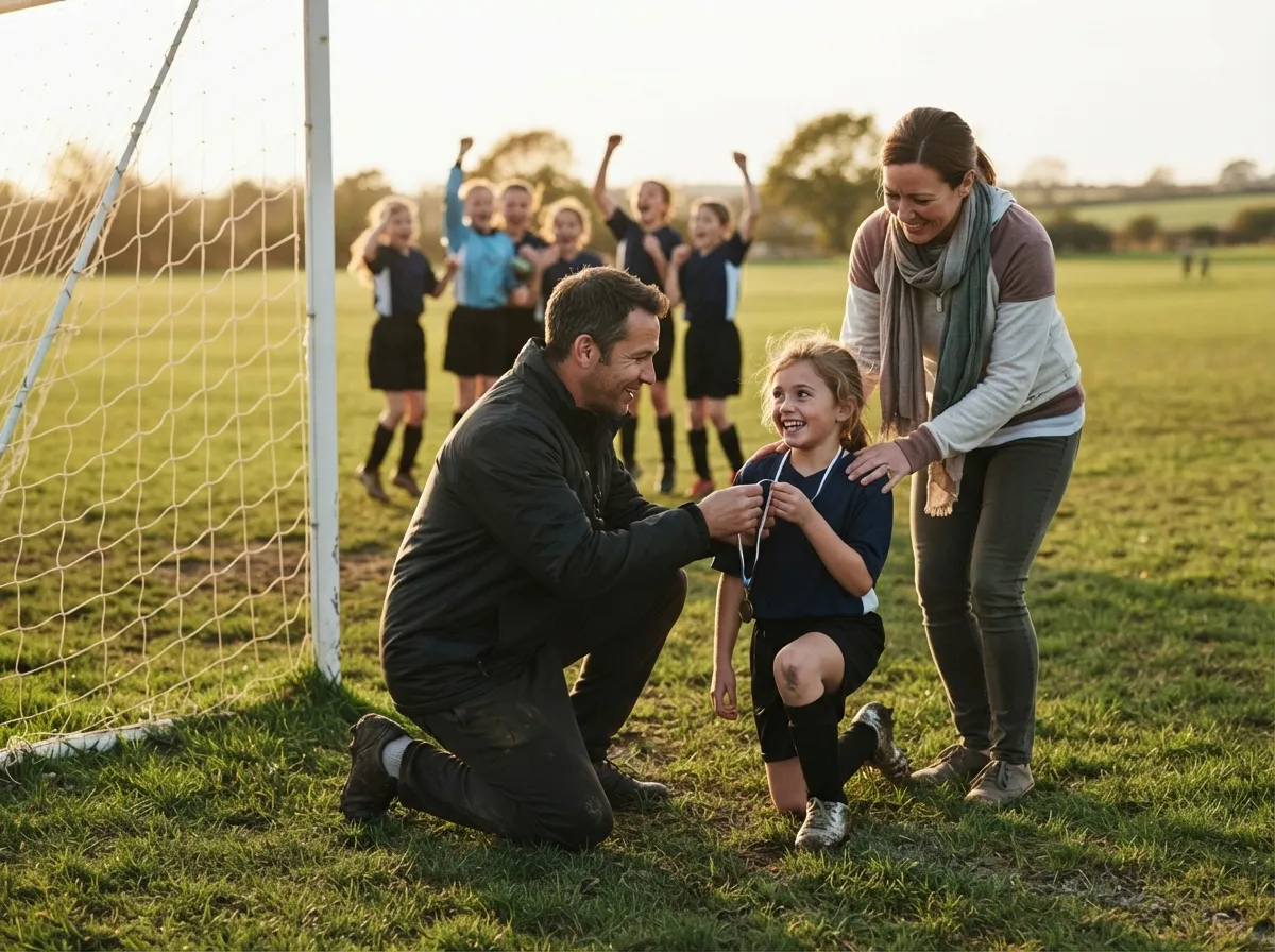 Coach shares proud moment with young soccer player near goal net, teammates celebrating.