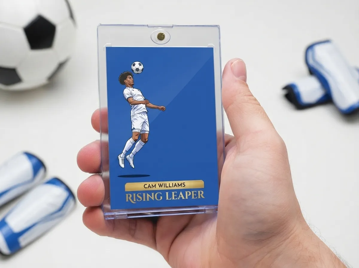 Custom soccer trading card in magnetic case, bold blue editorial design on white shelf.