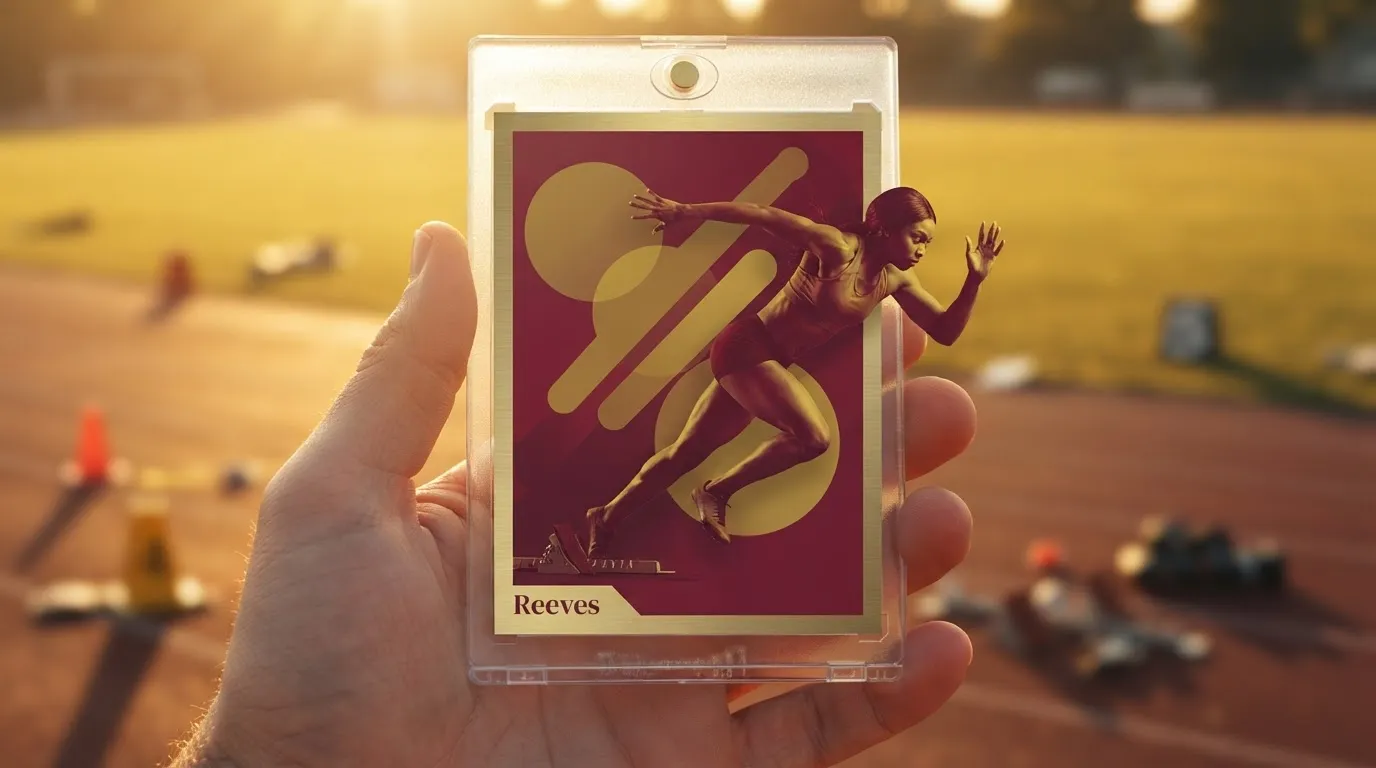 Hand holding magnetic case with duotone gag christmas gifts sprinter trading card outdoors.