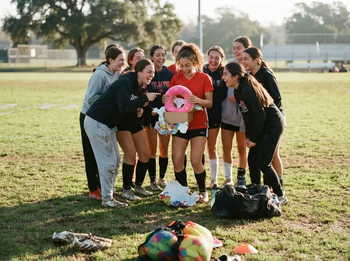 Teammates laughing as athlete unwraps a silly gag gift on sunny athletic field.