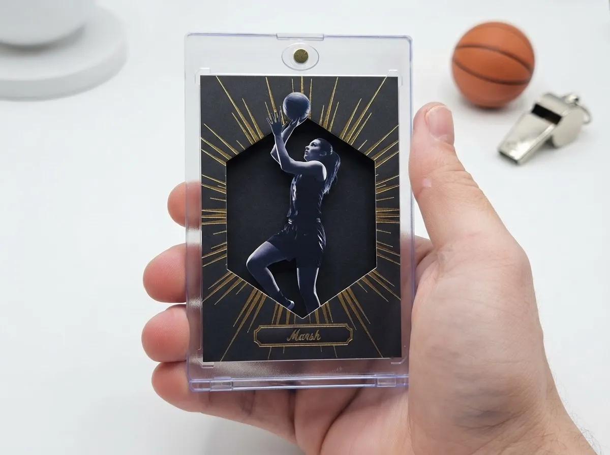 Magnetic case holding gold-foil die-cut gag christmas gifts basketball trading card on white shelf.