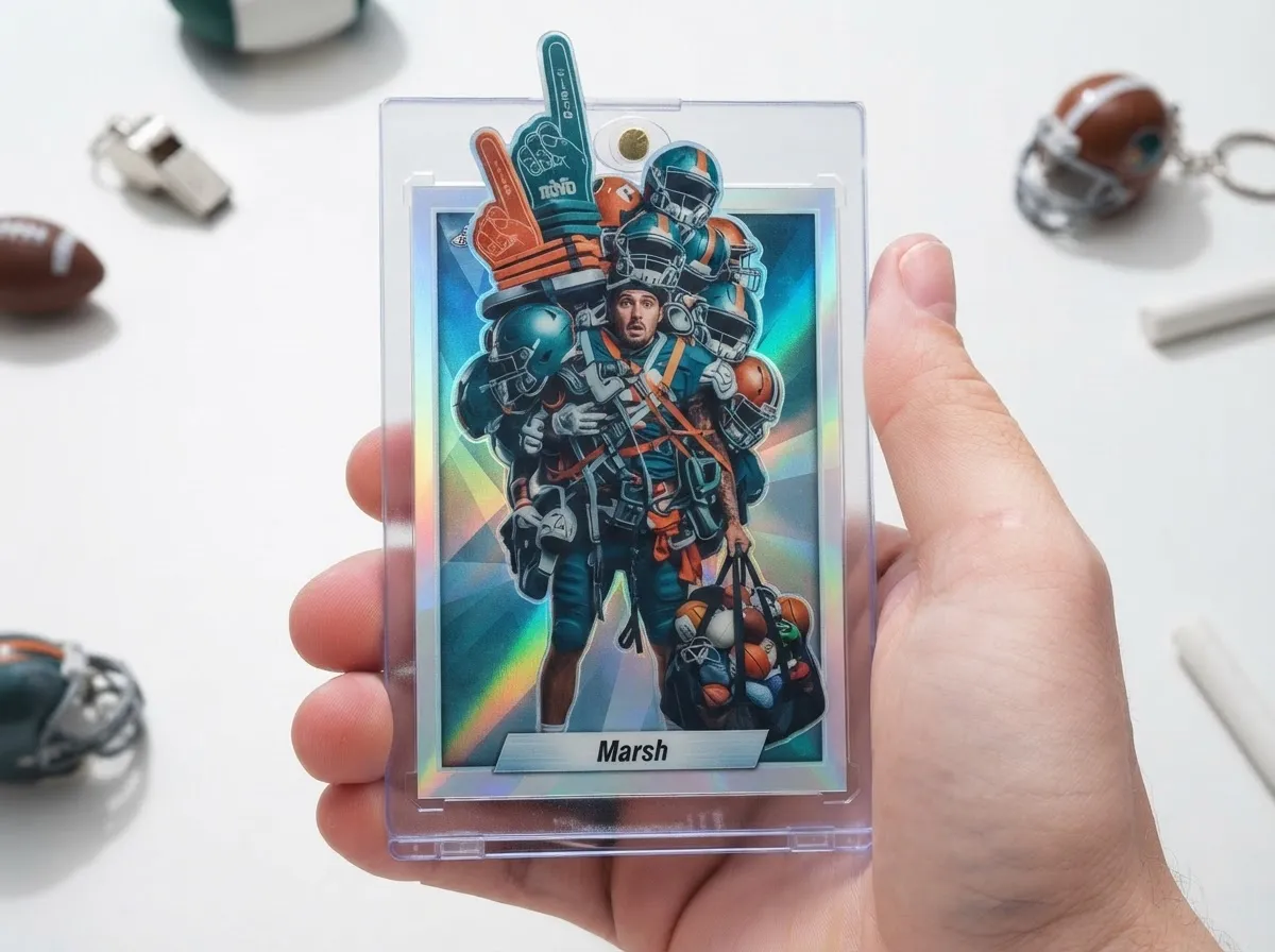 Close-up of premium card stock trading card with magnetic case, showing print quality for adult gag gifts