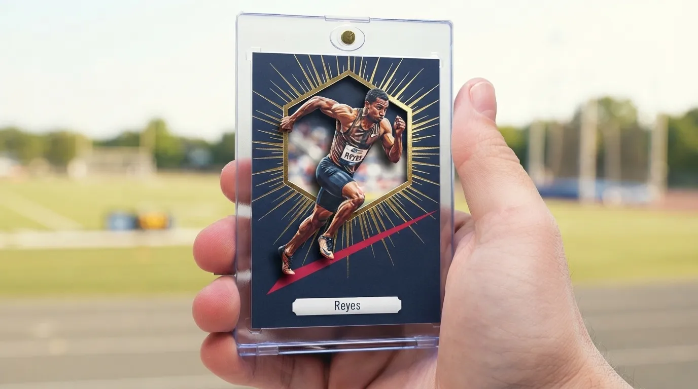 Hand holding magnetic case with gag gifts for christmas sports card, gold foil burst design.