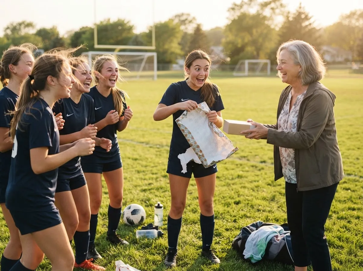 Teen athlete laughing while unwrapping a surprise gift on a sunny sports field.