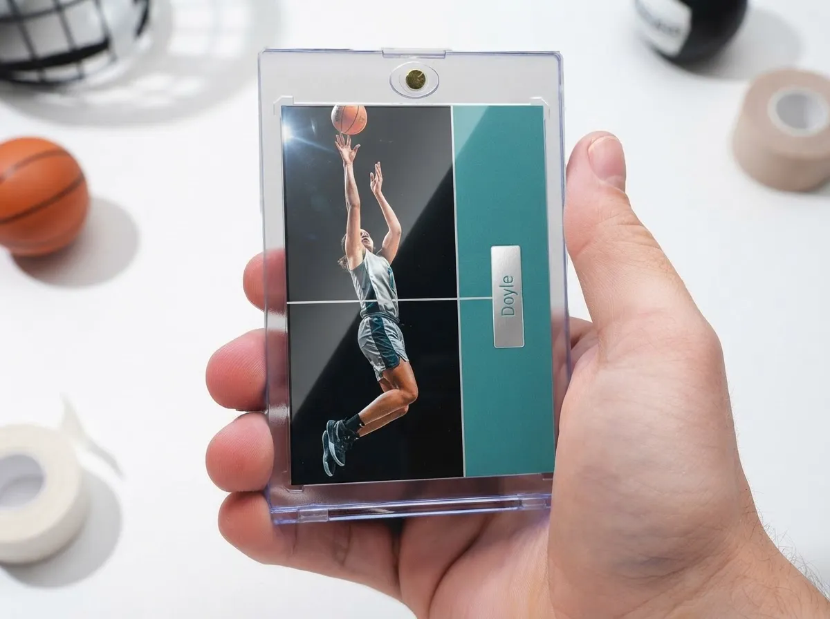 Custom sports trading card in magnetic case, teal split layout with foil nameplate.