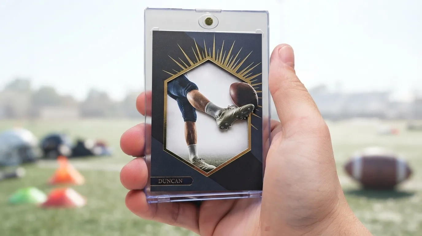 Hand holds magnetic case with gold-foil sports card, a bold gag gift for men.